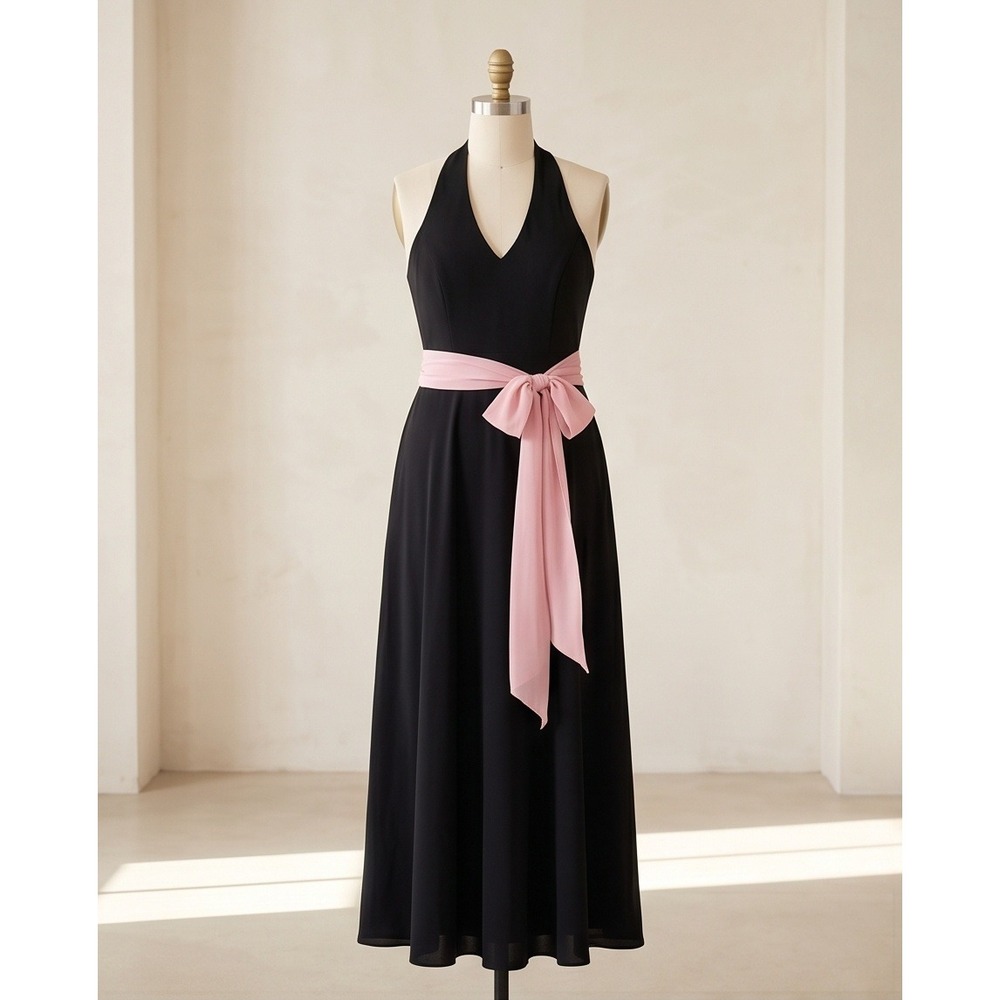 Torrid 16 Black Halter Maxi Dress Pink Sash‎ Bow Formal Special Occasion Wedding